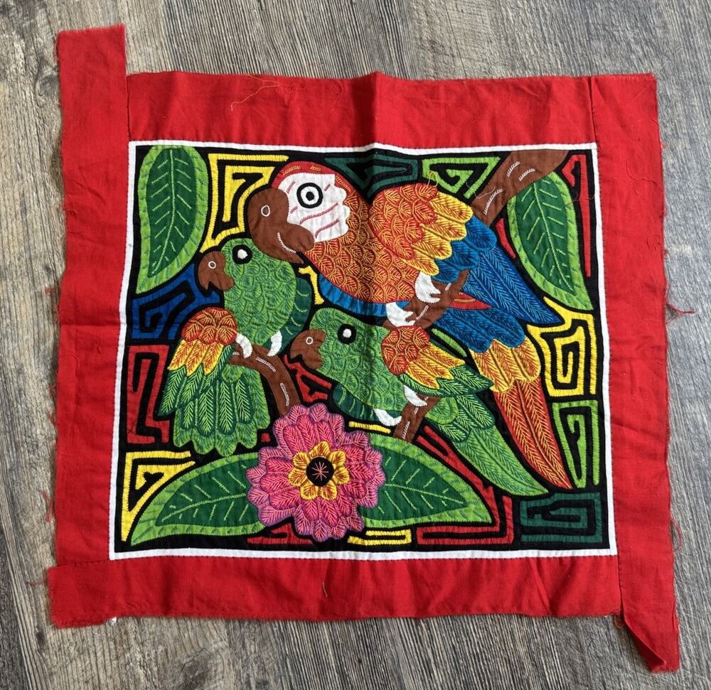Vintage Handmade Kuna Mola Textile Panel Parrots Flowers Panama Folk Art 16x17